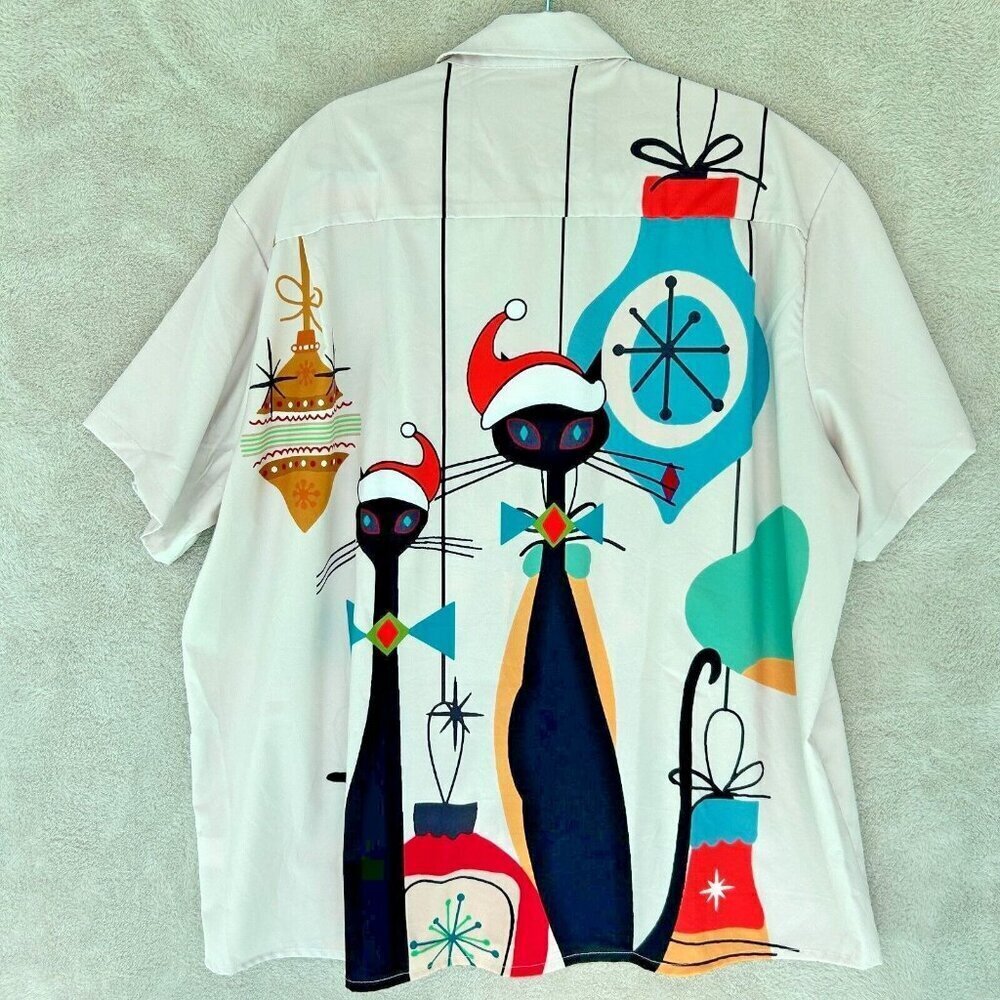 Hawaiian Christmas Retro Cats Short Sleeve Shirt Atomic Mod MCM Siamese Mens 4XL - Picture 5 of 10